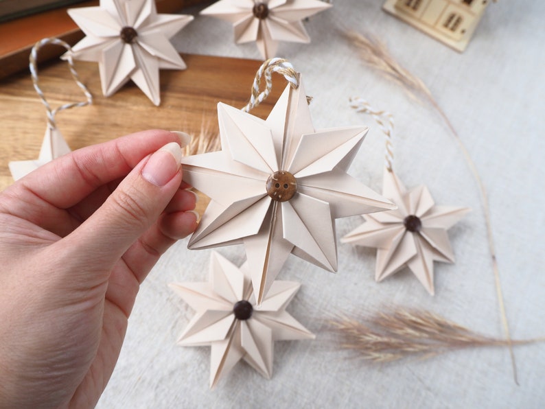 Natural Beige Paper Star With Coconut Button Christmas Decoration Hygge Farmhouse Christmas Ornament image 5