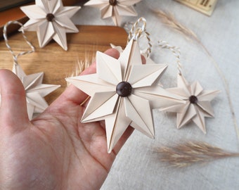 Neutral Cottage Core Origami Paper Star With Coconut Shell Button | Minimalist Decor | Set of 3 Modern Hygge Decoration | Scandi Star Decor