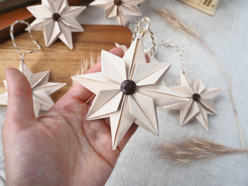 Natural Beige Paper Star With Coconut Button Christmas Decoration Hygge Farmhouse Christmas Ornament image 2