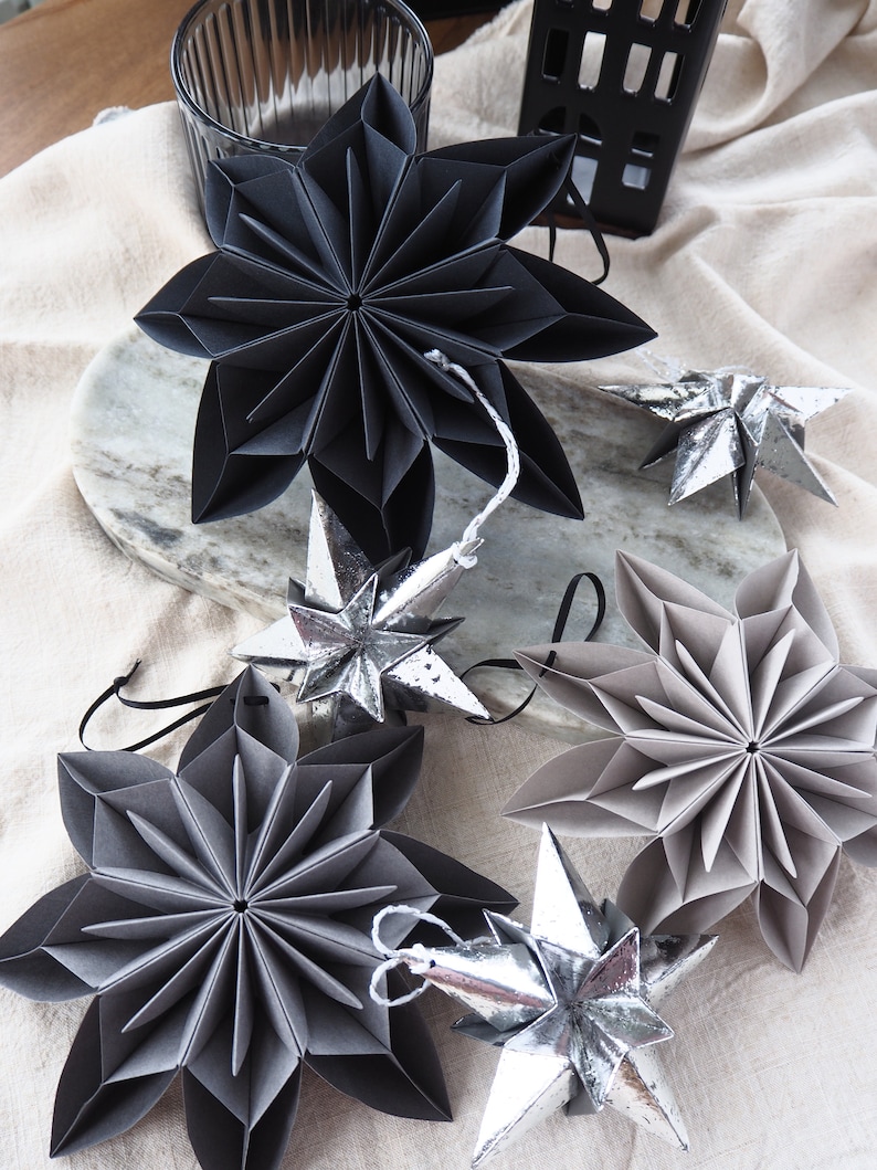 Monochrome Black And Grey Origami Paper Snowflake Ornaments Winter Wedding Decor Winter Photo Props Inspo Product Photography Props image 8