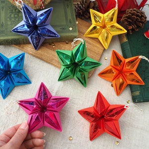Metallic Rainbow Paper Star Hanging Ornaments - Maximalist Christmas Home Decor - Eclectic Colorful Christmas Decorations