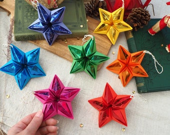 Metallic Rainbow Paper Star Hanging Ornaments - Maximalist Christmas Home Decor - Eclectic Colorful Christmas Decorations