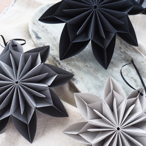 Monochrome Black And Grey Origami Paper Snowflake Ornaments Winter Wedding Decor Winter Photo Props Inspo Product Photography Props image 5