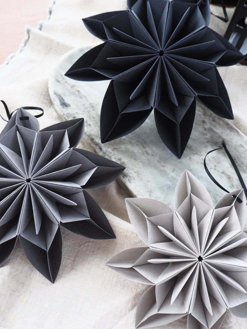 Monochrome Black And Grey Origami Paper Snowflake Ornaments Winter Wedding Decor Winter Photo Props Inspo Product Photography Props image 5