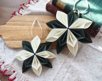 Set of 2 Forest Green Paper Snowflake Decoration | Vintage Dark Academia Holiday Home Ornaments | Dark Green Christmas Decor