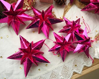 Set of 3 Metallic Hot Pink Paper Stars | Cute Pink Stars | Christmas Decoration | Party Decoration Idea | Christmas Gift Box Item