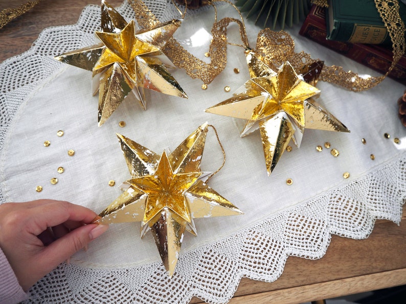 Maximalist Home Metallic Gold Origami Paper Star Decorations Gold Wedding Ornaments Gold Home Accessories Gold Christmas Ornaments image 1