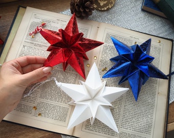 Red White and blue Origami Paper Star Ornaments | Union Jack | 4th of July Decor | Patriotic Christmas Decorations