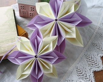 Cozy Pastel Purple Lilac & Cream Origami Snowflake Flower Ornaments - Purple Cottage Home Decor - Lilac Bedroom Decoration