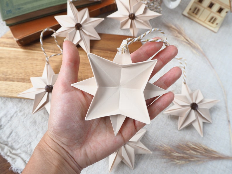 Natural Beige Paper Star With Coconut Button Christmas Decoration Hygge Farmhouse Christmas Ornament image 6