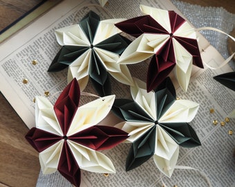 Set of 2 Burgundy & Forest Green Christmas Paper Snowflake Decoration | Vintage Dark Academia Holiday Home Ornaments | Christmas Stars Decor