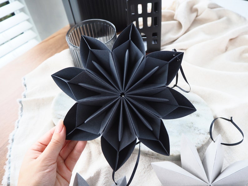 Monochrome Black And Grey Origami Paper Snowflake Ornaments Winter Wedding Decor Winter Photo Props Inspo Product Photography Props image 3