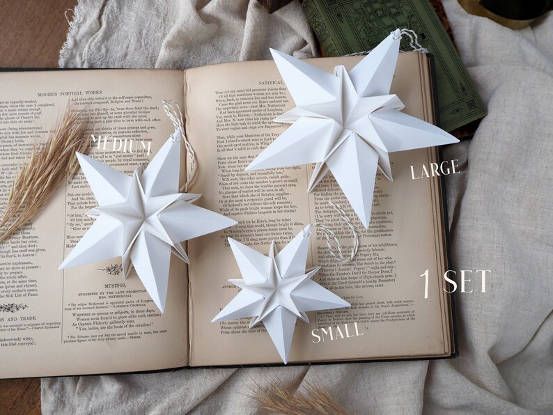 Scandi Nordic White Origami Paper Star Decoration Modern Minimalist White Christmas Decor 1 Set (S/M/L)