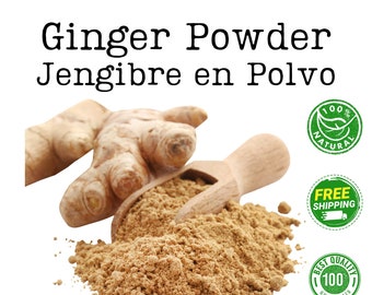 May include: A wooden spoon filled with light brown ginger powder, with a fresh ginger root beside it. The text "Ginger Powder" and "Jengibre en Polvo" is at the top of the image. There are three green and white labels that say "100% Natural", "Free Shipping", and "Best Quality 100% Guaranteed". The text "Sweet Pea Spices" is at the bottom of the image.