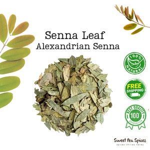 May include: Dried senna leaves, also known as Alexandrian Senna, for making herbal tea. The leaves are a natural laxative and are often used for digestive health. The image shows a pile of dried senna leaves on a white background. The text on the image reads "Senna Leaf Alexandrian Senna 100% Natural Free Shipping Best Quality 100% Guaranteed Sweet Pea Spices spices - chilies - herbs".