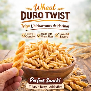 May include: A close-up of wheat Duro Twist snacks in a wooden bowl. The image features the text "Wheat Duro Twist" and "Perfect Snack!" with the words "Crispy, Tasty, Addictive" below. The snacks are golden brown and appear crunchy.