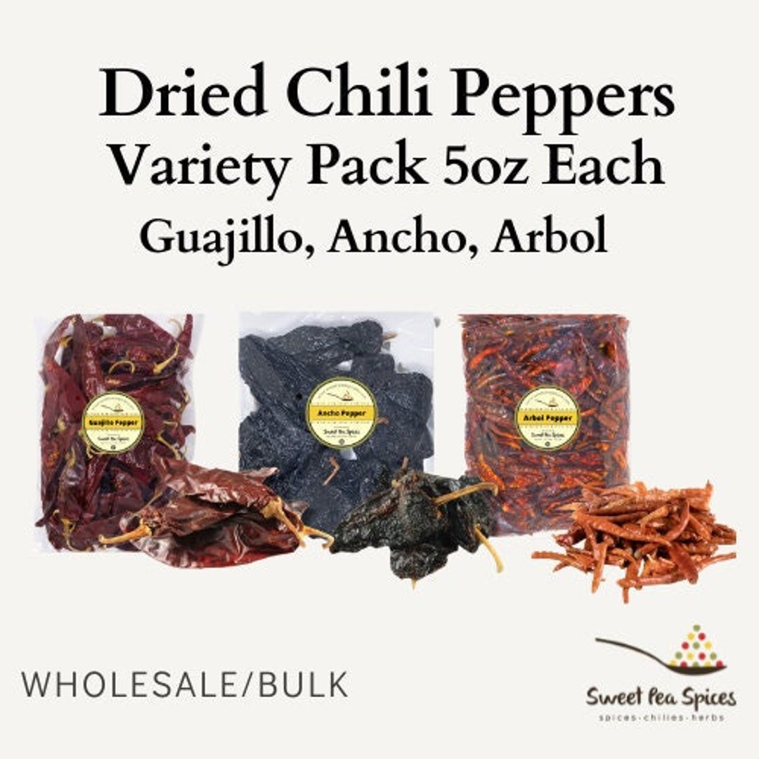 Dried Chili Peppers Variety Pack 5oz Each Ancho, Arbol & Guajillo Chiles Staple for Mexican