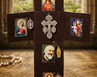 Handmade Catholic Pocket Altar – Travel Prayer Kit with Saints, Medals, Sacred Heart of Jesus, St. Padre Pio, St. Philomena..