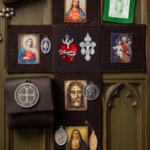 Peut inclure: Un présentoir en feutrine marron foncé en forme de croix orné d'icônes religieuses, incluant des images de Jésus et Marie, un cœur rouge couronné d'épines, un crucifix en argent, une médaille de Saint Benoît et un écusson vert avec texte.