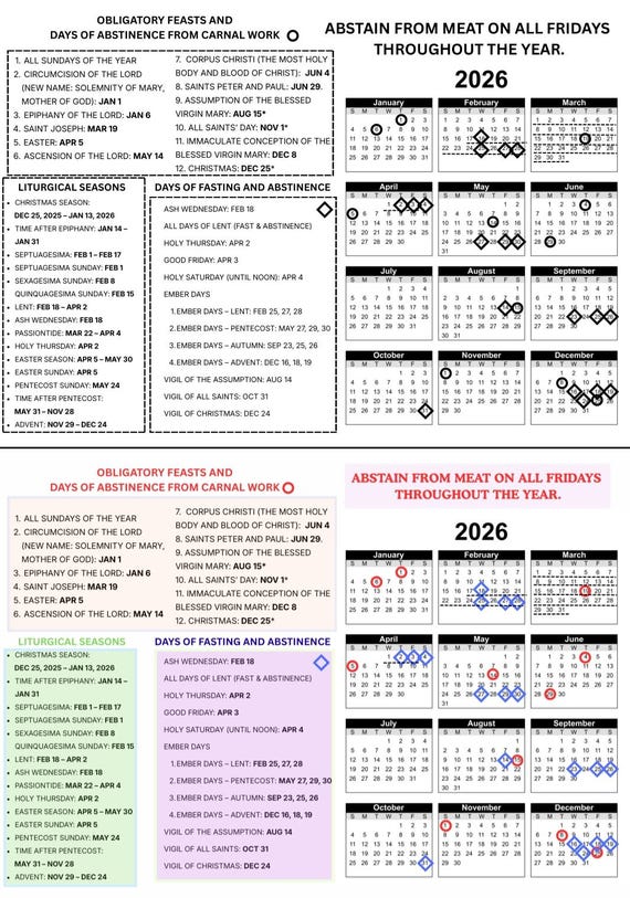 2026 - Traditional Catholic Liturgical Calendar 2026 Printable