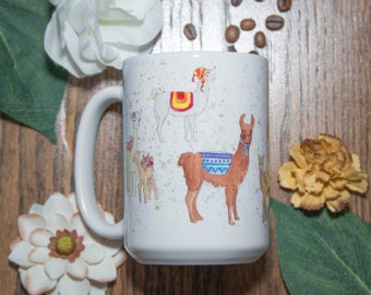 Llama Mug - Llama Gift - Llamas Mug - Watercolor Llamas - Llamas Wearing Clothes - Dishwasher and Microwave Safe Mug
