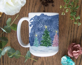 Watercolor Christmas Mug - Winter Art Mug - Christmas Cup - Watercolor Christmas Trees Mug - Microwave and Dishwasher Safe Mugs