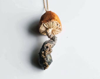 brown-black-gold mushroom pendant,fiberart, soft sculpture,