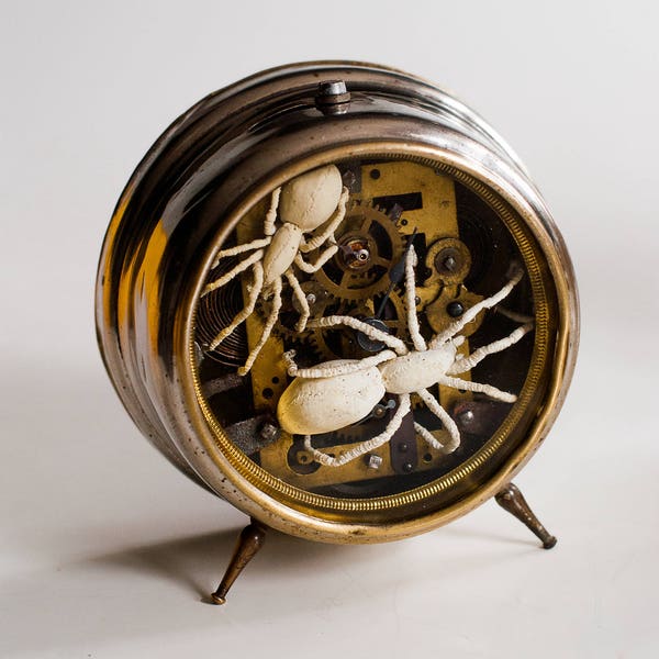 textiel kunst kabinet van spinnen beeldhouwwerk, curiosa vintage wekker