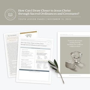 Könnte beinhalten: Ein druckbares Arbeitsblatt für eine Jugendstunde über das Abendmahl. Das Arbeitsblatt enthält den Titel "Wie kann ich Jesus Christus durch heilige Handlungen und Bündnisse näher kommen?" und einen Abschnitt mit dem Titel "Die Lehre lernen" mit Fragen zu heiligen Handlungen und Bündnissen. Das Arbeitsblatt enthält auch einen Abschnitt mit dem Titel "Jugendthema-Geschichte" mit einem Bild einer Gruppe von Menschen, die sich an den Händen halten.