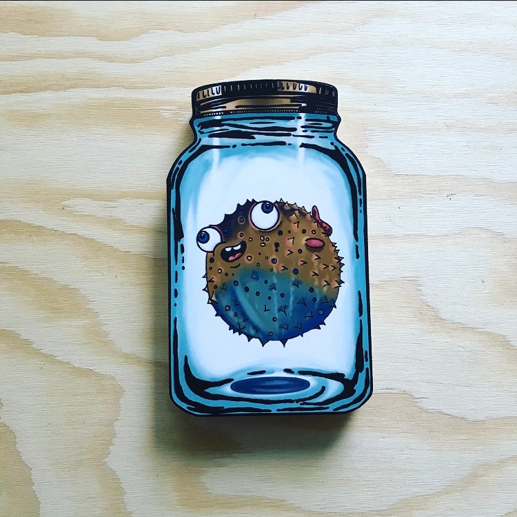 Pufferfish Mason Jar Jar Pal Wooden Freestanding Illustrated Etsy