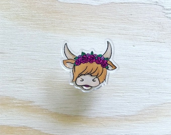 Flower Highland Coo Pin Badge / Hielan Coo Acrylic Pin/ 100% recycled premium acrylic