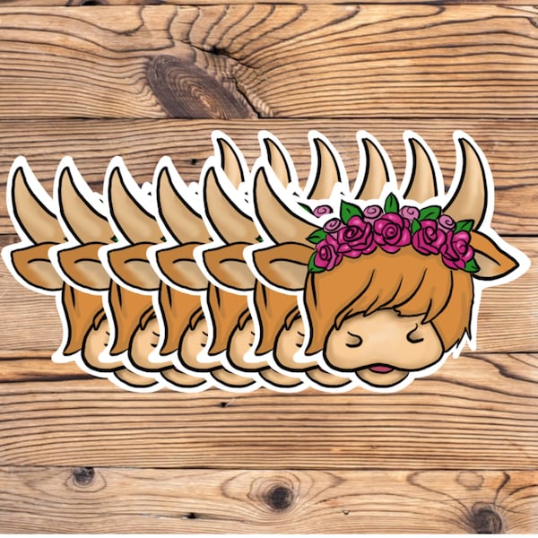 Highland coo flowers vinyl sticker pack x6 / waterproof vinyl stickers / water bottle stickers