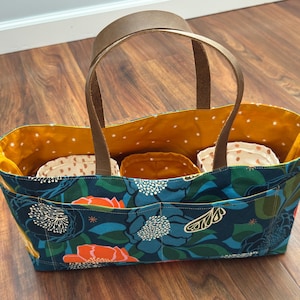 May include: A rectangular tote bag with a floral pattern in teal, orange, and white. The bag has brown leather handles and a mustard yellow interior with white polka dots. Several small pouches are inside the bag.