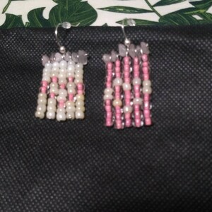 Rose Quartz and Glass Heart-Pattern Bead Curtain Earrings