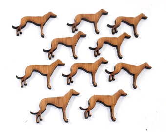 May include: Ten wooden cutout shapes of greyhounds, all facing the same direction. The cutouts are a light brown colour and have a slightly rough texture.