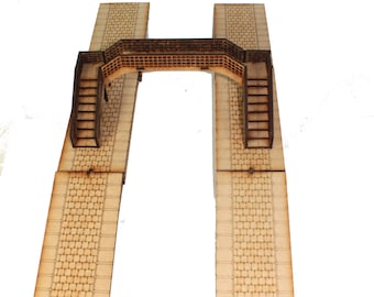 May include: A wooden model of a bridge with two sets of stairs leading up to it. The bridge has a lattice design and is made of brown wood. The stairs are made of a light brown wood and have a textured surface.