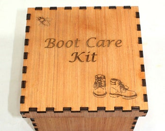 Boot care kit - engraved box, Leather dubbin, brushes, cloth and shoe laces