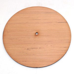 May include: A round, light brown wooden disc with a small hole in the centre.
