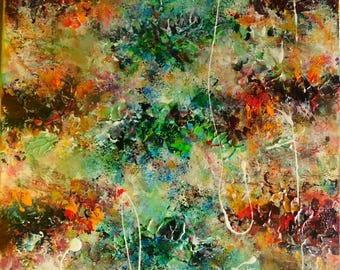 Original Abstract Painting: Colorful Enamel Acrylic Art, 16.5x12 in
