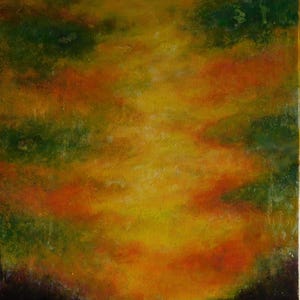 Original oil impressionist landscape painting on stretched canvas signed by Nalan Laluk: &quot;Sunset at the Lake&quot; COA