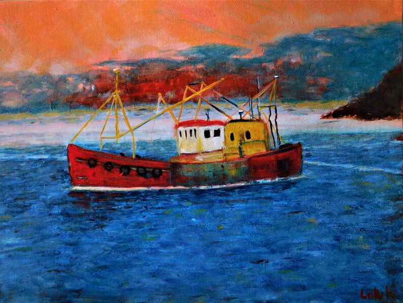 Original oil seascape painting signed by Nalan Laluk: Gone Fishin' image 7