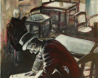 Pintura expresionista original de técnica mixta firmada por Laluk: "Leyendo las noticias".