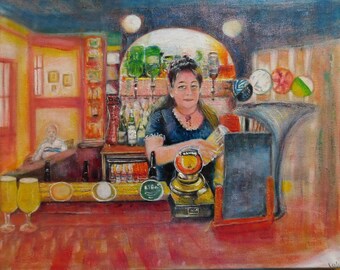 Pintura al óleo original: Mujer atendiendo barra, 20 x 16 pulgadas