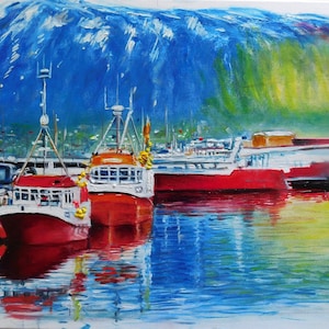 Original Mixed Media Nautical Painting, Signed by Nalan Laluk, &quot;Tromso Harbor&quot; (Norway)
