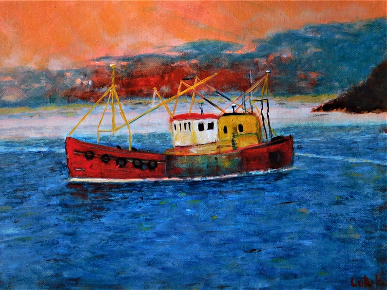 Original oil seascape painting signed by Nalan Laluk: Gone Fishin' image 9