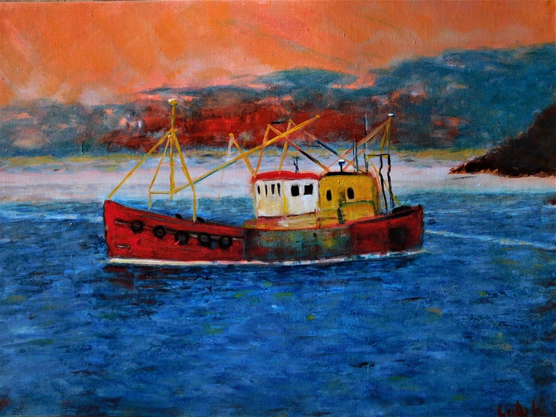 Original oil seascape painting signed by Nalan Laluk: Gone Fishin' image 3