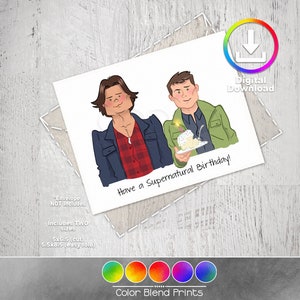 Digitaler Download, SUPERNATURAL Geburtstagskarte, Sam und Dean, ungefähr 5 x 7 Blankokarte, Fan Art, Karikatur, coole Geschenkideen, TV-Serie,