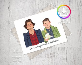 Digital Download, SUPERNATURAL Birthday Card, Sam and Dean, Approximately 5 x 7 Blank Card, Fan Art, Caricature, Cool Gift Ideas, TV Show,