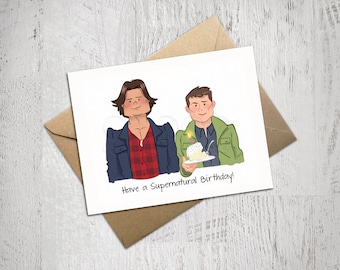 SUPERNATURAL Birthday Card, Sam and Dean, Approximately 5 x 7 Blank Card, Kraft Envelope, Caricature, Cool Gift Ideas, TV Show, Fun, Cute