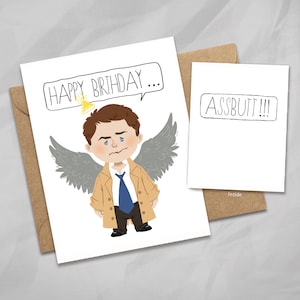 CASTIEL ASSBUTT Card, SUPERNATURAL Birthday Card, Angel Wings, Misha Collins, Angel Illustration, Cute Gift, Pop Culture Card